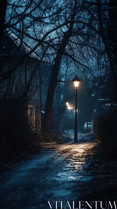 Nocturnal wet alley with lamppost glow and bare winter trees