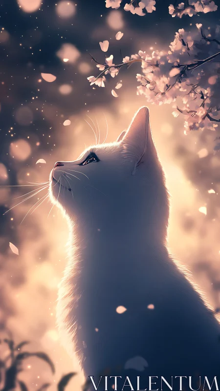 White Cat Gazes Through Magical Cherry Blossoms