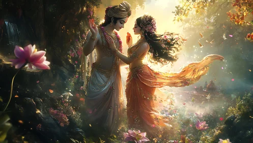 Two Figures in Ornate Dress Within Luminous Garden Setting.