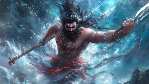 Storm-wreathed sea warrior surging through crashing waves.