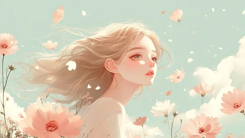 Ethereal pastel portrait of girl in windblown floral field