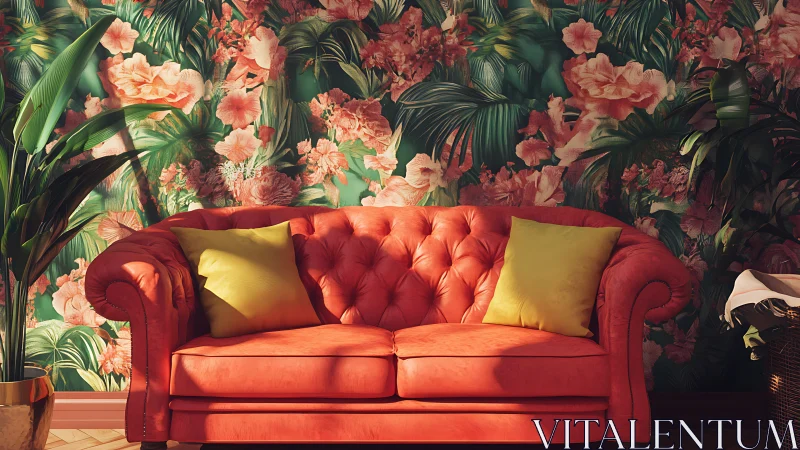 Coral sofa against dense floral tropical living room wall.