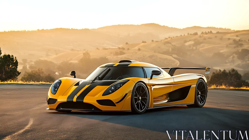 Aerodynamic hypercar in golden-hour landscape rendering.