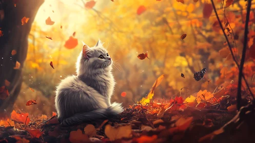 White fluffy cat in autumn forest surrounded by falling leaves.