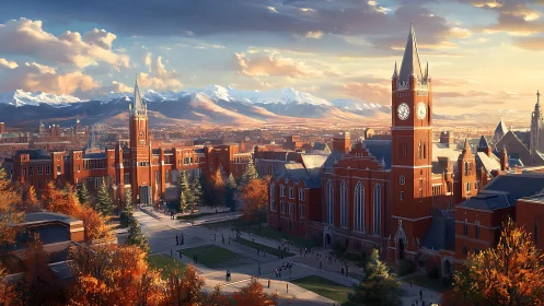 Sunlit neo-gothic campus before distant snowy mountains.