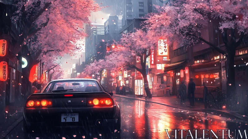 Night rain over neon streets and cherry blossom glow.
