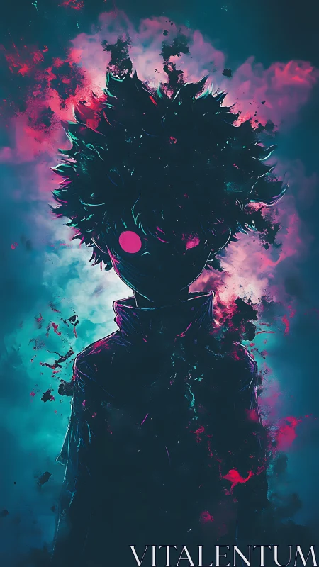 Neon storm halo crowns a silent, glitch-bright silhouette