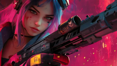 Neon haired cyberpunk sniper steadies aim in glowing chaos