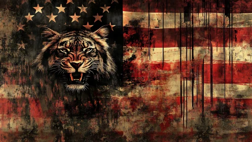 Tiger head overlaps distressed United States flag design