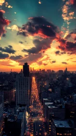 Sunset city avenue with glowing traffic corridor skyline.