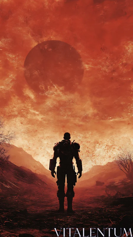 Armored figure stands in red wasteland beneath obscured sun