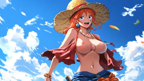 Sunny anime traveler smiling under bright blue skies.