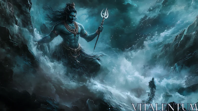 Mythic blue figure with trident amid turbulent seascape.