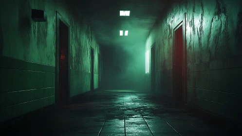 Moody green hallway where shadows quietly invent ghosts.