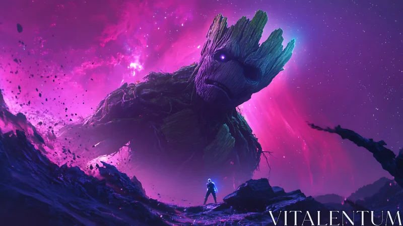 Colossal cosmic tree titan towers over lone explorer
