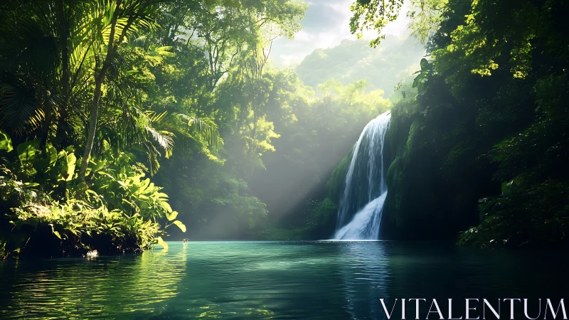 Dense tropical waterfall pool under filtered daylight.