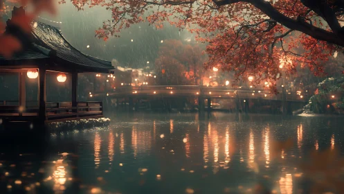 Lakeside Japanese pavilion and bridge in soft evening rain.