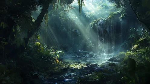 Luminous Jungle Waterfall: Atmospheric Digital Landscape.