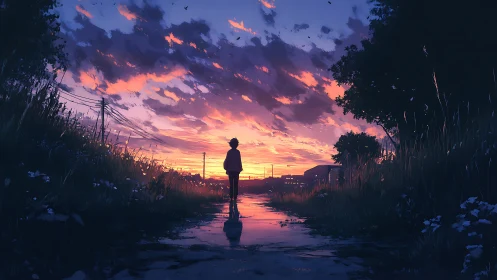 Silhouetted figure on rural path under stratified sunset sky.