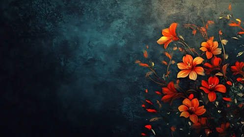 Orange Flowers Against Weathered Teal Background.
