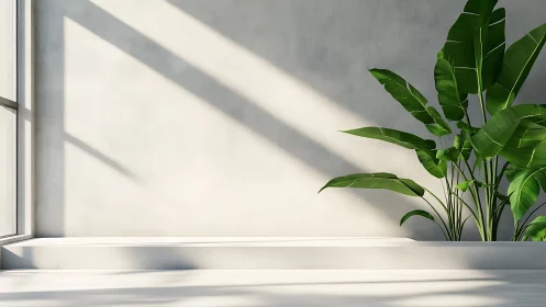 Sunlit tropical leaves stretching across a serene bare wall.