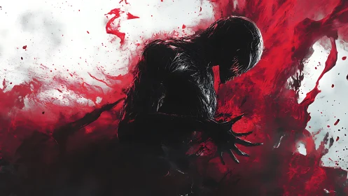 Dark humanoid silhouette erupting through crimson splashes.