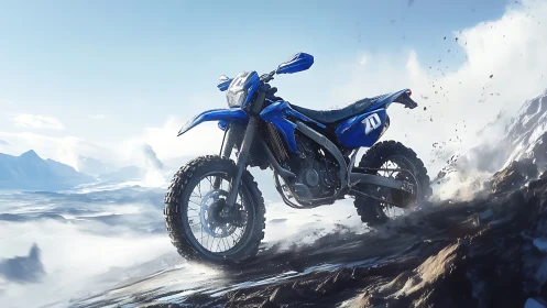 Bold blue dirt bike stands high against icy mountain skies