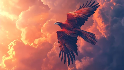 Majestic red parrot soaring through dramatic sunset clouds, digital art.