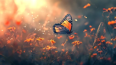 Soft evening meadow with a glowing monarch butterfly.