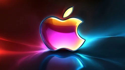 Neon glass apple logo over vivid red and blue gradient glow.