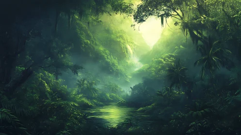 Mystical Jungle Valley with Glowing Light Through Mist