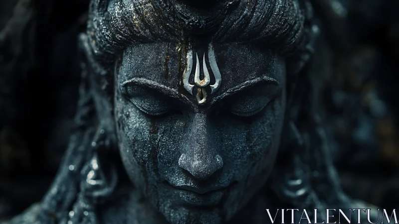 Stone-borne serene deity in rain-darkened divine silence.