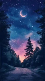 Moonlit forest road curves beneath a dreamy starfield.