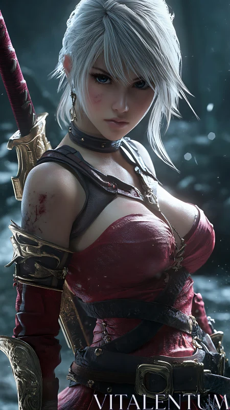 Battle-ready silver-haired warrior rendered in high-detail 3D engine