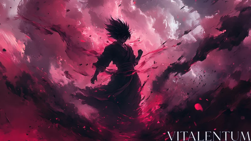 Warrior silhouette rises within swirling crimson storm