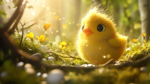 Bright-eyed baby chick enjoys a sunlit forest morning