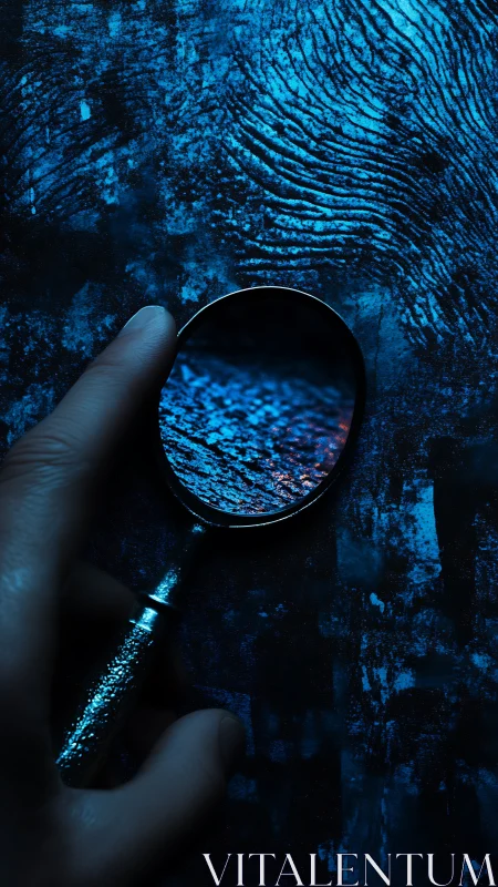 Forensic magnifier inspects glowing blue fingerprint ridge