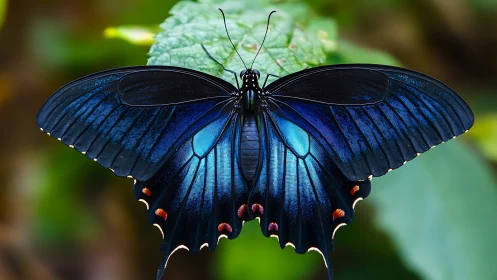 Blue-black swallowtail butterfly on green leaf in focus.