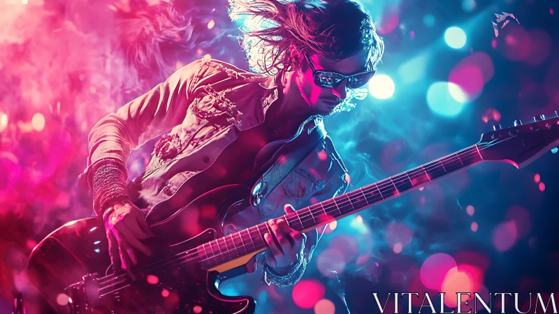 Neon rock guitarist shredding electric bass onstage.