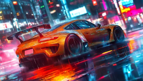 Widebody GT car under neon rain with high-gloss reflections