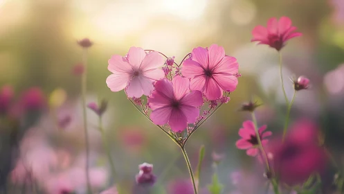 Three Cosmos Blooms Form Heart of Pink Wonder.