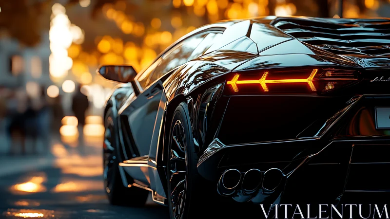 Golden hour shines on a sleek black supercar in the city