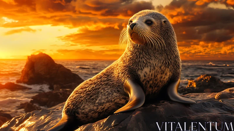 Seal pup rests on rocky shore under blazing sunset sky.