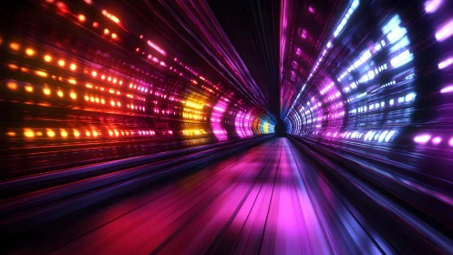 Futuristic neon tunnel with vibrant glowing lights, digital art style.