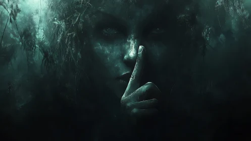 Eerie forest spirit commands silence in shadowed mist.