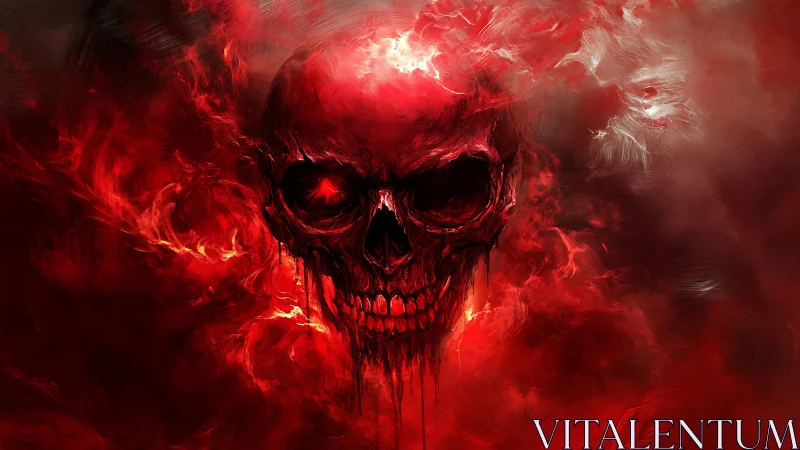 Flaming crimson skull materializes from swirling digital smoke