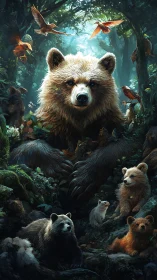 Forest bear matriarch surrounded by cubs and glowing canopy.