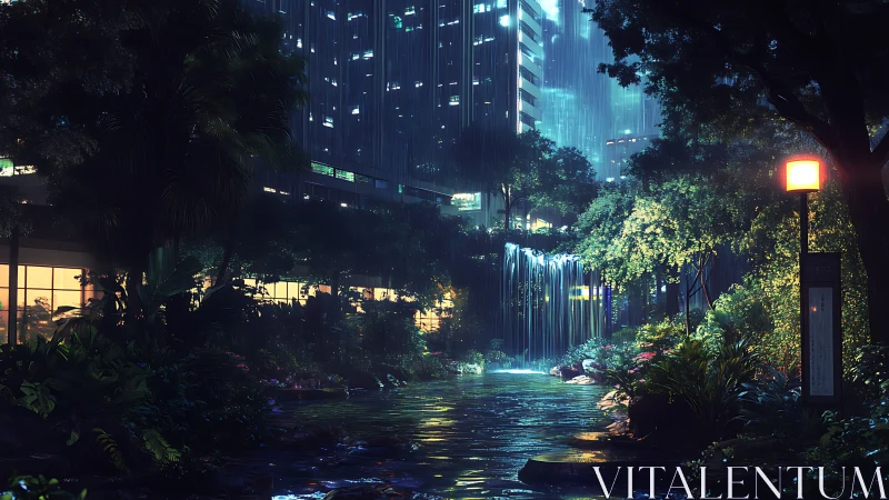 Urban night garden with waterfall and illuminated towers.