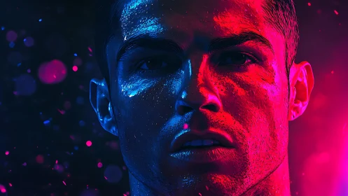 Neon duplex portrait under blue magenta rim lighting, close