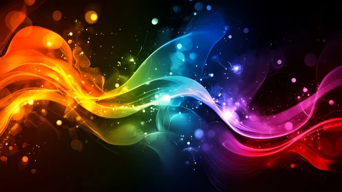 Chromatic light waves intersect across a dark digital field